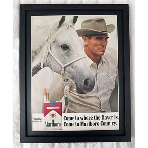Framed VTG 1967 Original Magazine Ad MARLBORO White Horse & Cowboy